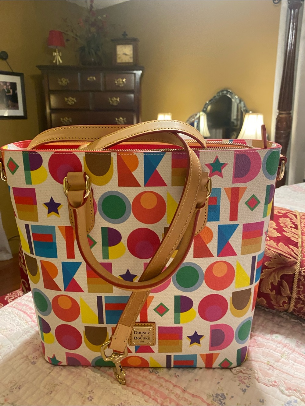 Dooney & Bourke Multicolor Geometric Logo Tote with Tan Leather Trim